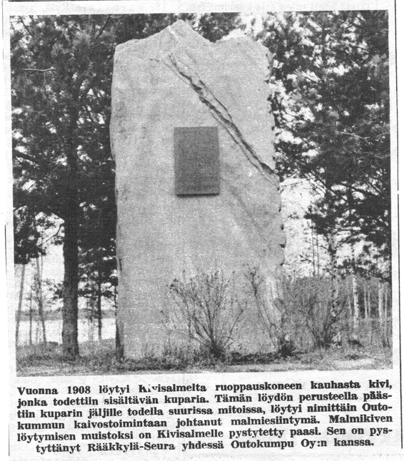 Uutinen sanomalehdessä malmikiven muistomerkin pystytyksestä alkuperäiselle paikalleen Kivisalmen tanssilavan lähelle kanavan eteläpuolella. 